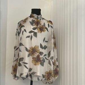 Silk Cream and Yellow Classic Blouse with Long Sleeves and Mandarin Collar